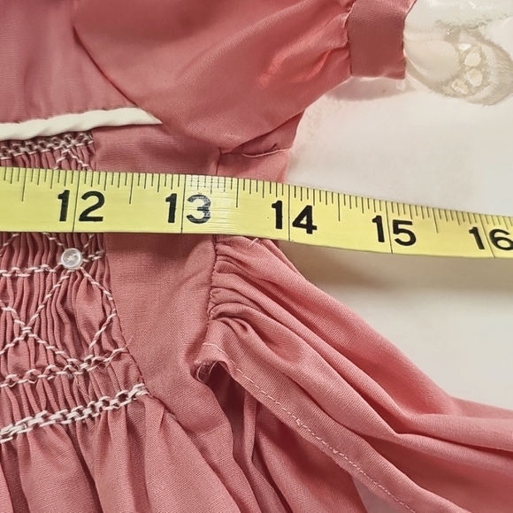 Hand Made Pink Smocked Dress Lace Trim Button Detail Puff Sleeve Tie Waist - Picture 9 of 10